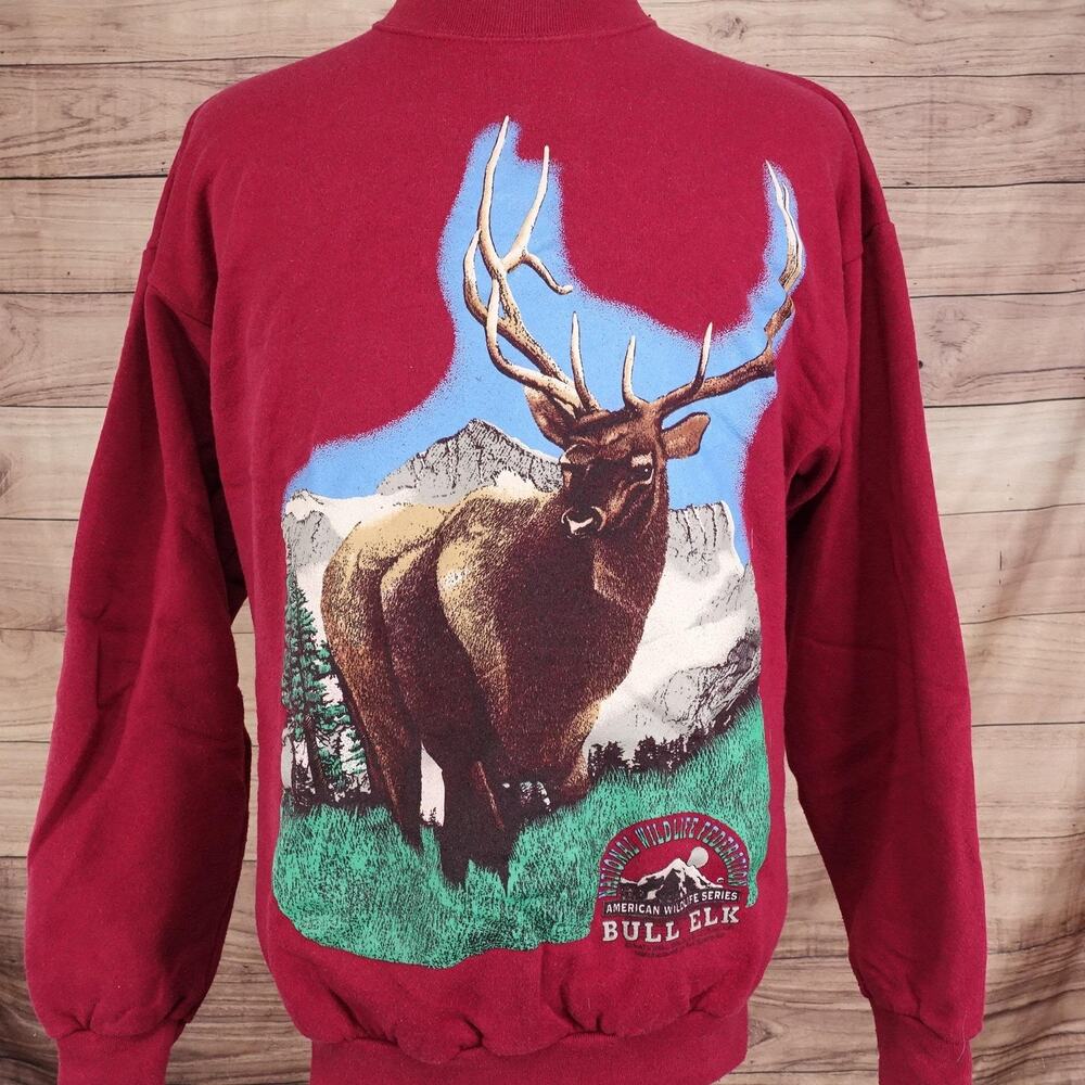 Vintage National Wildlife Federation‎ Bull Elk Sweatshirt Mens 2XL Red 90s USA